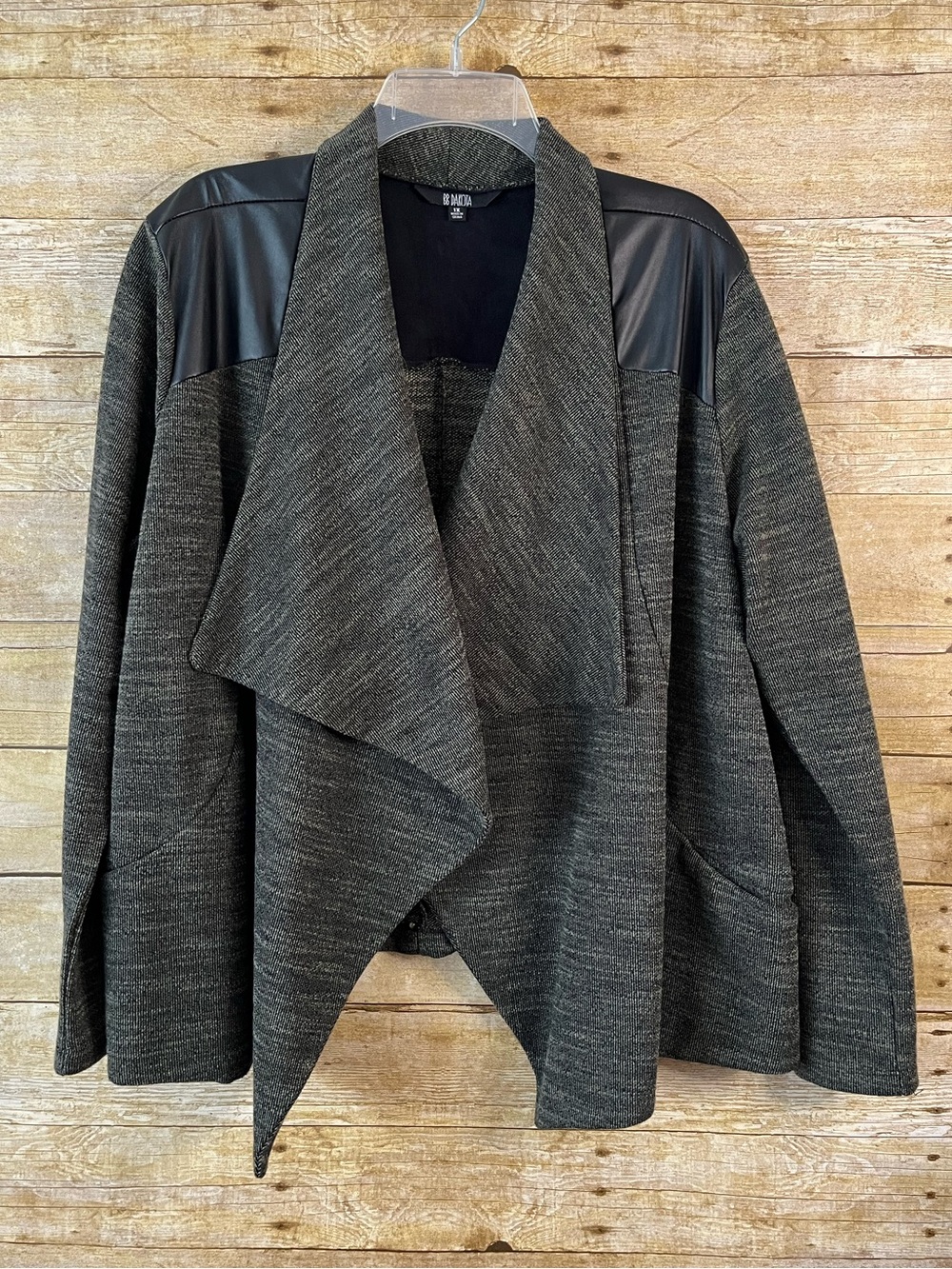 BB Dakota Dark Green Marled Draped Open-Front Blazer Faux Leather Shoulders EUC